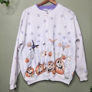 Vintage 90s Halloween Cardigan by Artisans SunSchein Artist Signed Pumpkins